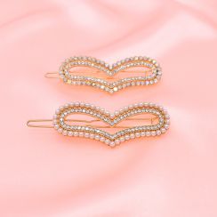 Charm 2pcs/Set Gold Plating Heart Hair Clip White Pearl Rhinestone Crystone AB Hair Pin 