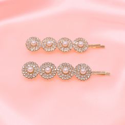 2pcs/Set Circle Rhinestone crystal With White Pearl Hair Pin Women's Hair Clip