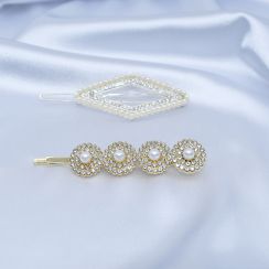 Charm Circle Wiith Geometric Rhombic Rhinestone Crystal Hair Clip White Pearl Hair Pin 