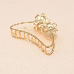 Flower with Moon Shape Gold Tone Metal and Rhinestone Large Hair Claw Clip