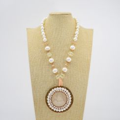 Large Round Resin Brand Pendant with Pearl Chain Necklace