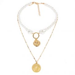 Golden Medal and Ring Pearl Necklace