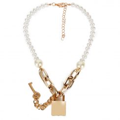 Golden Lock and Key Pearl Necklace