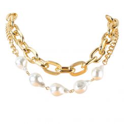 High Polished Pearl and Golden Plated Chain Collar Necklace