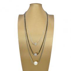 Three Layer Long Chain Links With Crystal Fireball Pendant Necklaces