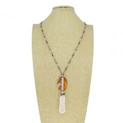 Handmade Chain with Natural Red Agate and Seed Pearls Tassel Pendant Necklace