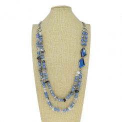 Natural Crystal Chips and Blue Crystal beads Metal Chain Necklace