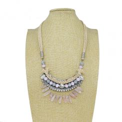 Bohemia style Natural Rose Crystal Beads Statement Pendant and Cord Necklace