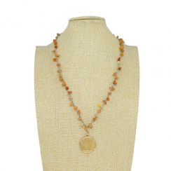 Retro style Natural Brown Agate Chips and Metal Coin Pendant Necklace