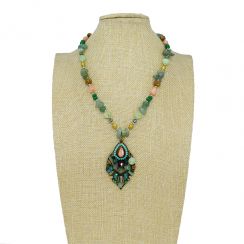 Retro style Natural Mother Green Agate and Beaded Bronze Leaf Shape Pendant Necklace