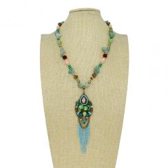 Retro style Natural Mother Green Agate and Bronze Leaf Shape Tassel Metal Pendant Necklace