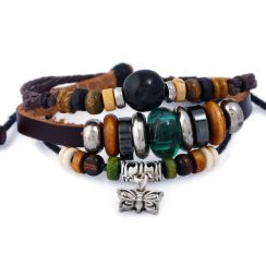 Butterfly Charm and Beaded Leather Bracelets