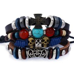 Skull and Cross Red and Blue Leather Bracelets