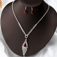 Luxury Red Water drops Glass with Rhinestone Crystal Tassel Jewelry Set