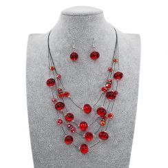 Crystal and Glass Multistring Jewelry Set-Red