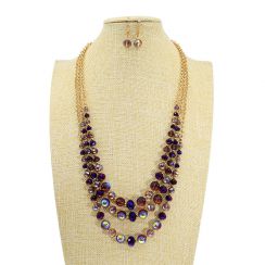 Triple Layer Combined Crystals Necklace with Coated Metal Links Jewelry Set