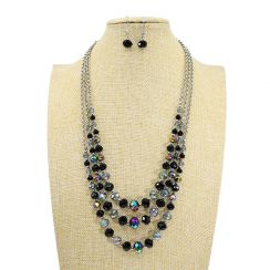 Crystal and Glass Mixed Triple Strand Necklace Jewelry Set