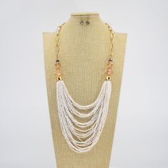 Multi Layer Seed Pearl with Crystal Alloy Chain Necklace and Earrings Set