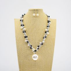 Large Round Pearl Pendant and Crystal with Pearl Necklace and Earrings Set