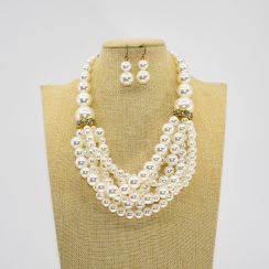 Multi Layer Pearls with Rhinestone Statement Necklace and Earrings Set