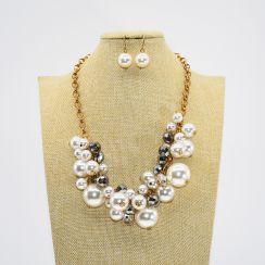 Large Round Pearls and Crystal with Metal Chain Statement necklace and Earrings Set