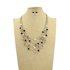 Black and White Flower Pattern Ceramic and Crystal Beads Jewelry Set