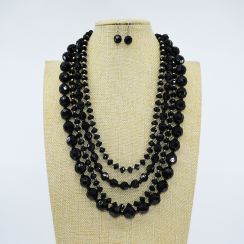 Multi Layer Black Beads Crystal Necklace Drop Earrings Jewelry Set