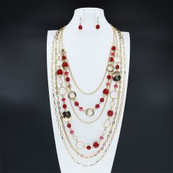 Multi Layer Long Chain Beads Necklace Earrings Jewelry Set