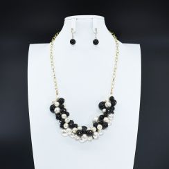 Black With White Pearl Beads Necklace Earrings Jewelry Set