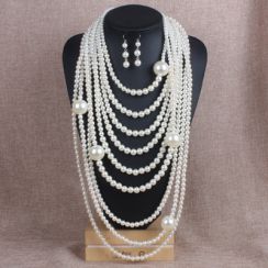 Multi-layers White Pearls Necklace Earrings Jewelry Set