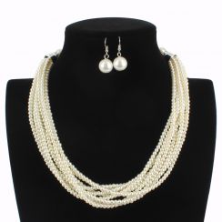 Short Multistrand Pearl Necklace Jewelry Set-White