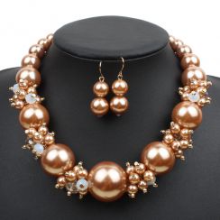 Crystal and Pearl Combined Short Necklace Jewelry Set-Rose