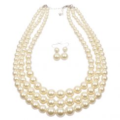 Triple Strand High Polished Pearl Necklace Jewelry Set