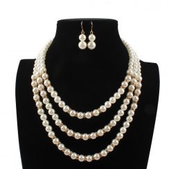 Three Layer Pearl Necklace with Golden Rings Jewelry Set