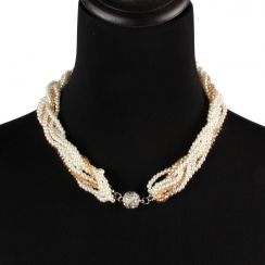 Twisted Designed Pearl and Crystal Necklace with Unique Silver Lock-Gold