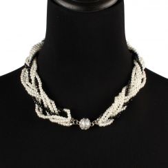 Twisted Designed Pearl and Crystal Necklace with Unique Silver Lock-Black