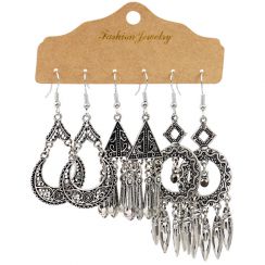 3 Pairs Bohemian Vintage Style Hollow out Metal Dream Cather and Waterdrop Dangling Earrings