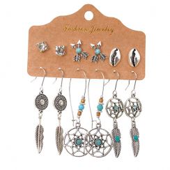 6 Pairs Bohemian Style Metal Retro Tassel and Feather Dangling Earrings Stud Earrings set