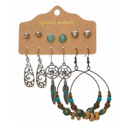 6 Pairs Bohemian Style Large Circle Feather Dangling Earrings Turquoise Stud Earrings set