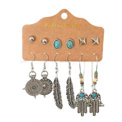 6 Pairs Bohemian Style Hand Feather Metal Dangling Earrings Turquoise Stud Earrings set