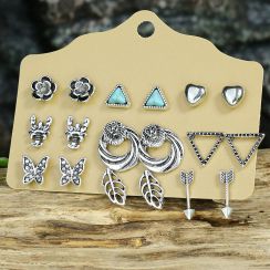 9 Pairs Antique Silver Plated Metal Retro Style Butterfly Arrow Heart Geometric Stud Earrings set