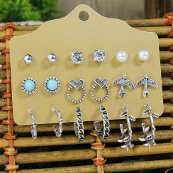 9 Pairs Pearl Rhinestone Turquoise Stud Earrings Retro pattern hoop earrings set