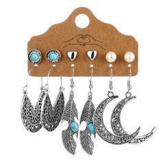 6 Pairs Bohemian Vintage Metal Moon Feather Dangling Earrings Pearl Turquoise Heart Stud Earrings set