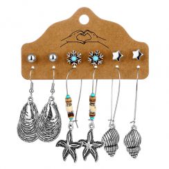 6 Pairs Bohemian Vintage Style Metal Sea collection Dangling Earrings Star Stud Earrings set