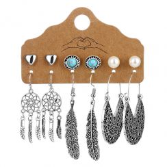 6 Pairs Bohemian Metal Dream Cather and Feather Dangling Earrings Heart Pearl Stud Earrings Set