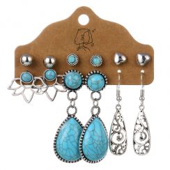 6 Pairs BohemianTurquoise Metal Waterdrop Dangling Earrings Flower Heart Stud Earrings Set