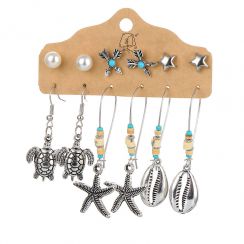 6 Pairs Bohemian Style Metal Tortoise Sea collection Dangling Earrings Star Stud Earrings set