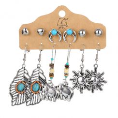 6 Pairs Bohemian Style Metal elephant and Feather Sun Dangling Earrings Heart Moon Stud Earrings Set