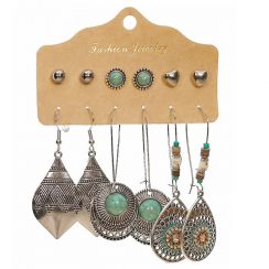 6 Pairs Bohemian Vintage Style Metal Waterdrop Dangling Earrings Heart and Turquoise Stud Earrings set