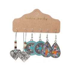 3 Pairs Bohemian Vintage Style Metal Heart and Waterdrop Retro Pattern Dangling Earrings